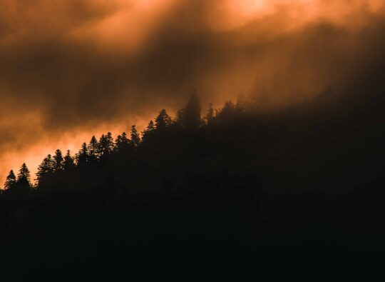 A tree-covered mountain full of smoke from a wildfire in Greece